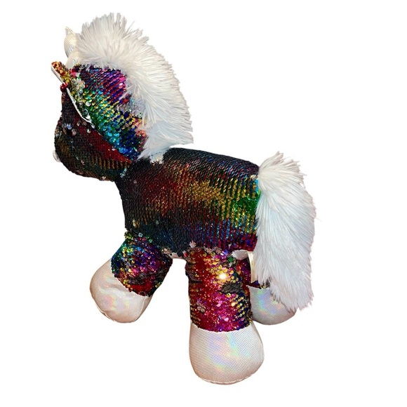 Rainbow/Silver Flip Sequin Unicorn Plush 8.5” x 14” x 17” - Picture 6 of 10